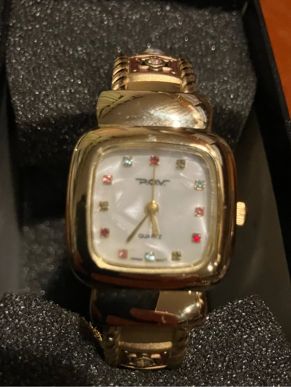 NEW Vintage POV Gold-Tone Square Face Quartz Watch with Jewel Accents